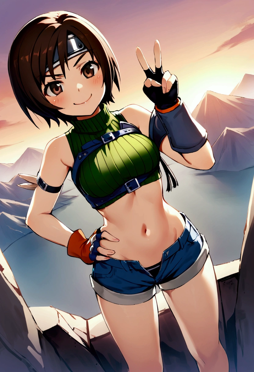 score_9, score_8_up, score_7_up,BREAK,best quality,masterpiece,aesthetic,very aesthetic,megami_magazine,,highly detailed,mediumshot,,soro focus,1girl, yuffie kisaragi, final fantasy, short hair,headband,navel,sleeveless,turtleneck,brown eyes,sleeveless turtleneck,solo,breasts,looking at viewer,smile,gloves,crop top,brown hair,shorts,midriff,,sweater,open fly,armor,fingerless gloves,ribbed sweater,medium breasts,great joy,standing,mountain,sunset,top angle,v,hand on hip,