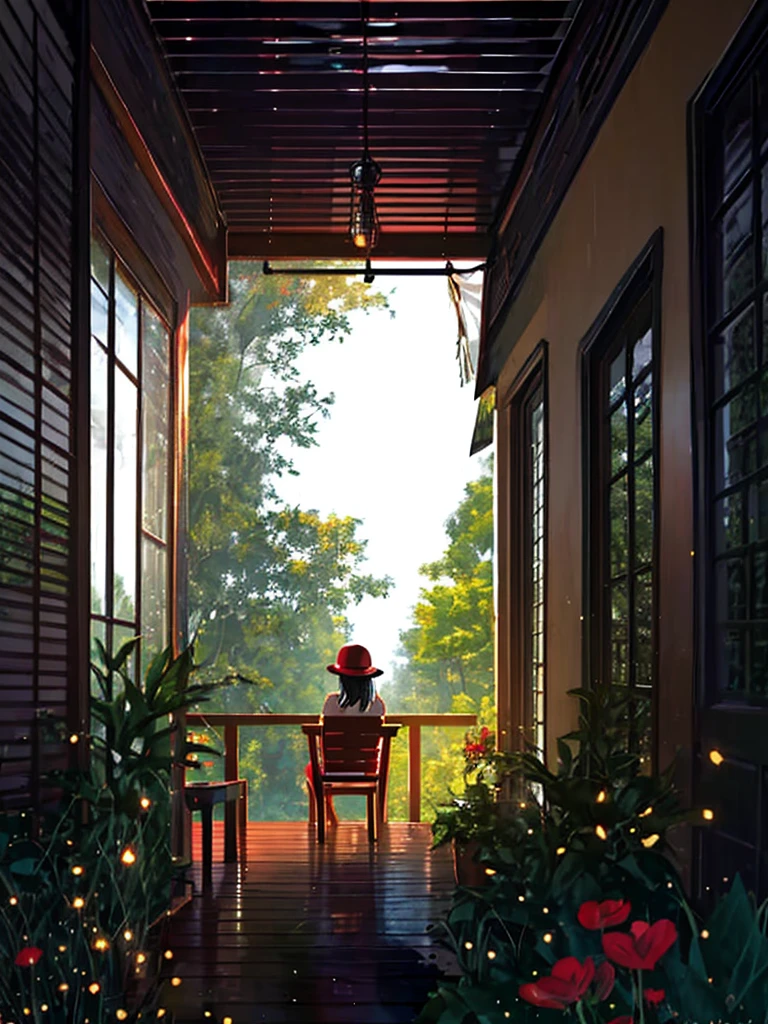 A 30-year-old Indonesian man, oval face, smiling lips, long hair wearing a red hat, sitting alone on a chair on the front porch of the house, both legs straight on the table, 2/3 body position slightly tilted while looking at the beautiful shining stars. the dim light of the porch lamp, the house and front porch are simple not luxurious, even the shabby leather chair looks torn, both hands holding a cup of warm coffee that looks like hot coffee smoke billowing. the dark night atmosphere is only lit by the lights shining around the porch of the house,  