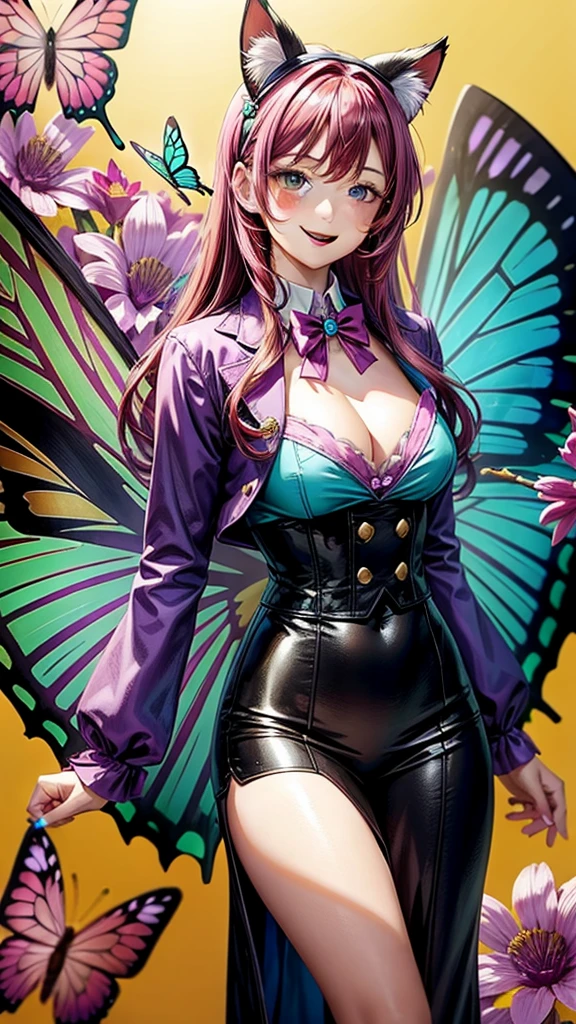 Magenta hair, brown eyes, older woman, hair bows, cat ears, long hair, smiling face, sexy outfit, butterflies, teal and gold outfit, butterfly background, uniform open chest top