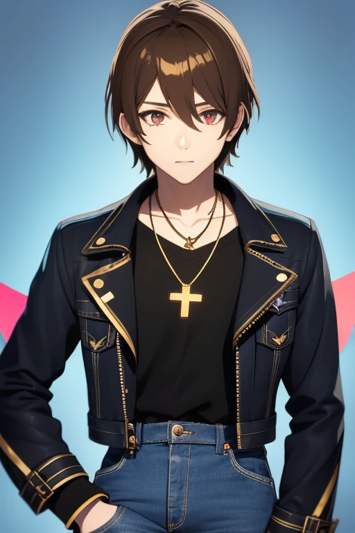 V Flower Vocaloid 16 year old boy Brown hair with black light brown eyes Black open jean jacket with wings print Red shirt Blue jeans Gold cross necklace looking directly at viewer on a light blue background