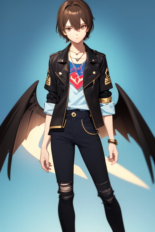 V Flower Vocaloid 16 year old boy Brown hair with black light brown eyes Black open jean jacket with wings print Red shirt Blue jeans Gold cross necklace looking directly at viewer on a light blue background