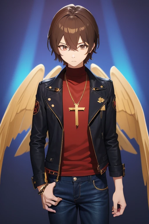 V Flower Vocaloid 16 year old boy Brown hair with black light brown eyes Black open jean jacket with wings print Red shirt Blue jeans Gold cross necklace looking directly at viewer on a light blue background
