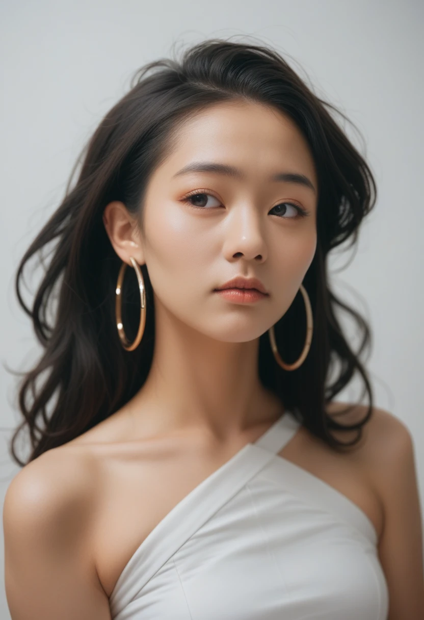 asian girl, black hair, loose hair, face and body looking into the camera, full face, (neutral expression) bad girl face, studio lighting, masterpiece, best quality, solo, 1girl, luminous skin, ultra textured skin, hoop earrings, ultra glamorous, whimsical details, slicked hair, mesmerizing, bare shoulder, white crop top, white long pants, shallow depth of field, contrapposto, professional model, face front, portrait, white background