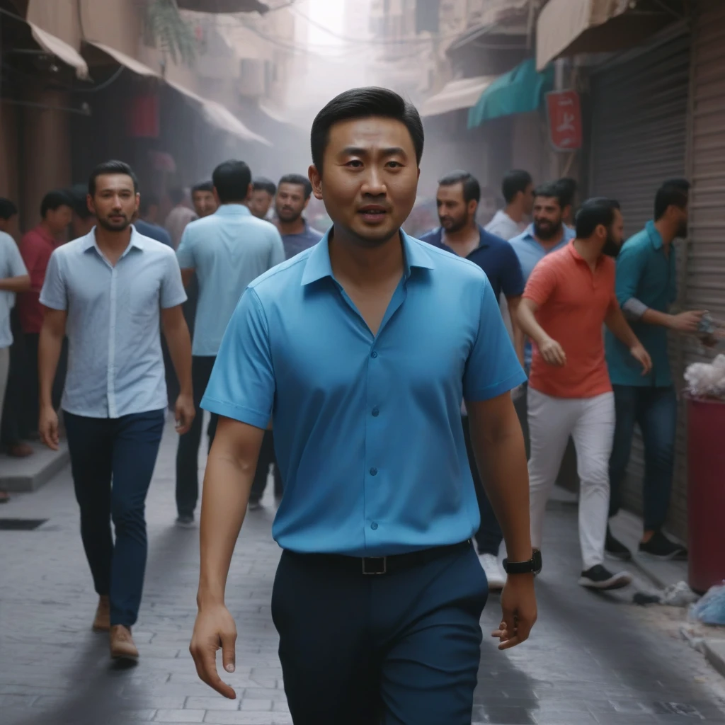 Realistic,  a 30 year old chinese man , high quality, 4k, 8k, 16k, c thunderstorming, photorealistic, in dubai, walking in dubai, fullbody, , crowded traffic, in an alley, messy alley