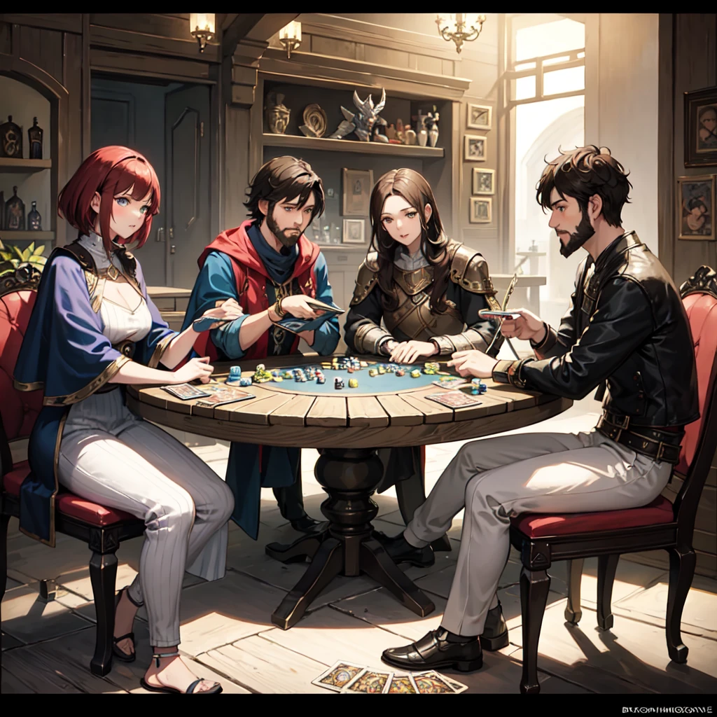 white woman with short red hair, short brown haired white woman, man with brown hair and beard, black haired man without beard. The four are sitting together at the table playing a role-playing game in a cozy multidimensional tavern, board game cover art, DnD card game art, DnD card game art. ”, card game illustration, Arte de RPG, fantasy card game art, epic fantasy card game art, high quality dnd illustration, dnd card art.