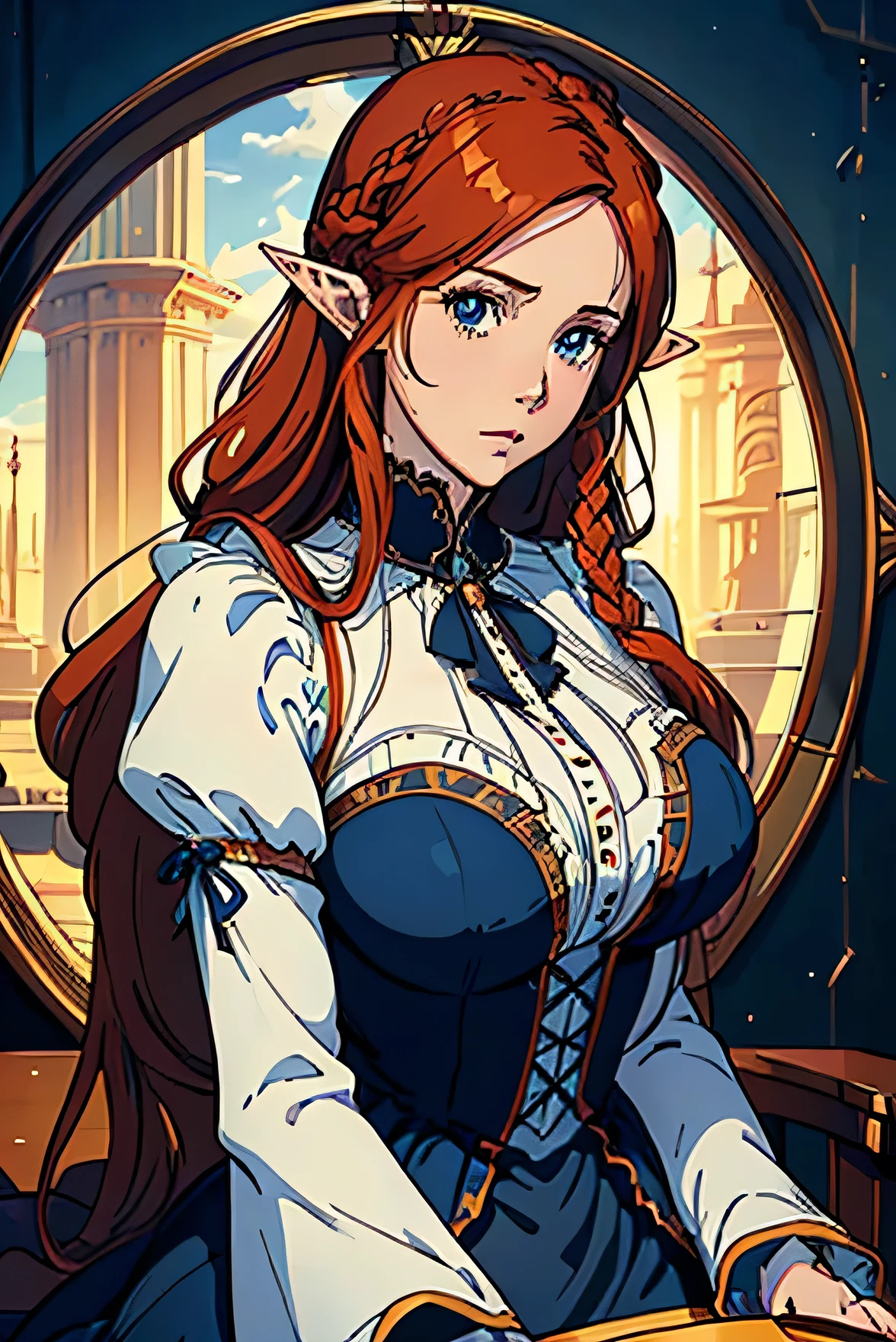 Cute Farmgirl with Braids. ((Red haired woman, long hair, pointy ears)), Perfectly round face. Beautiful cute face, Big beautiful voluptuous lips, charming beauty, ((gentle expression on your face)), ((large blue eyes, beautiful detailed)), Waist slender, Broad Hips ((Dark blue dress with ruffles, modest dress, very high neckline)) (highy detailed)),offcial art, Award-winning digital painting, digital illustration, extreme detail, 4K, ultra HD, Rococo, polished, intrikate, realistic fantasy art, sharp focus, conceptual artwork, arte por wlop, artgerm, (2D vector illustration) Lumiere, airy, hourglass figure. ellie bamber
