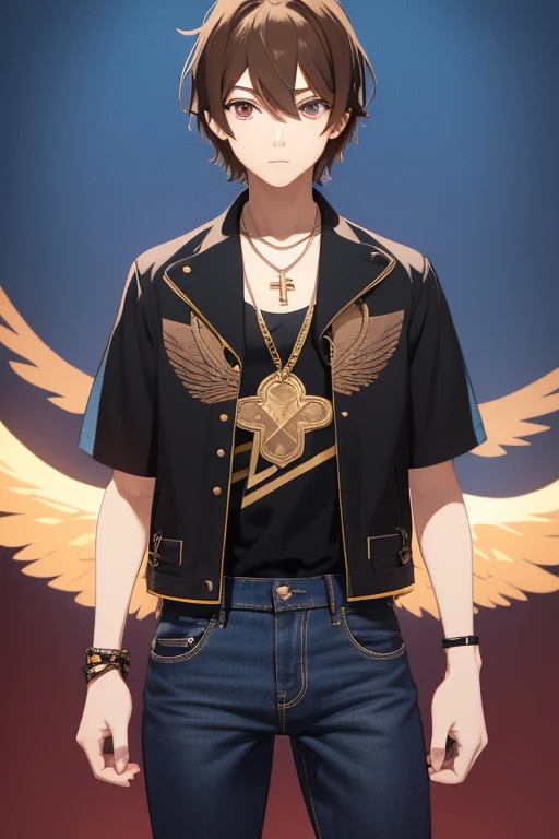 V Flower Vocaloid boy Brown hair with black light brown eyes Black open jean jacket with wings print Red shirt Blue jeans Gold cross necklace looking directly at viewer on a light blue background