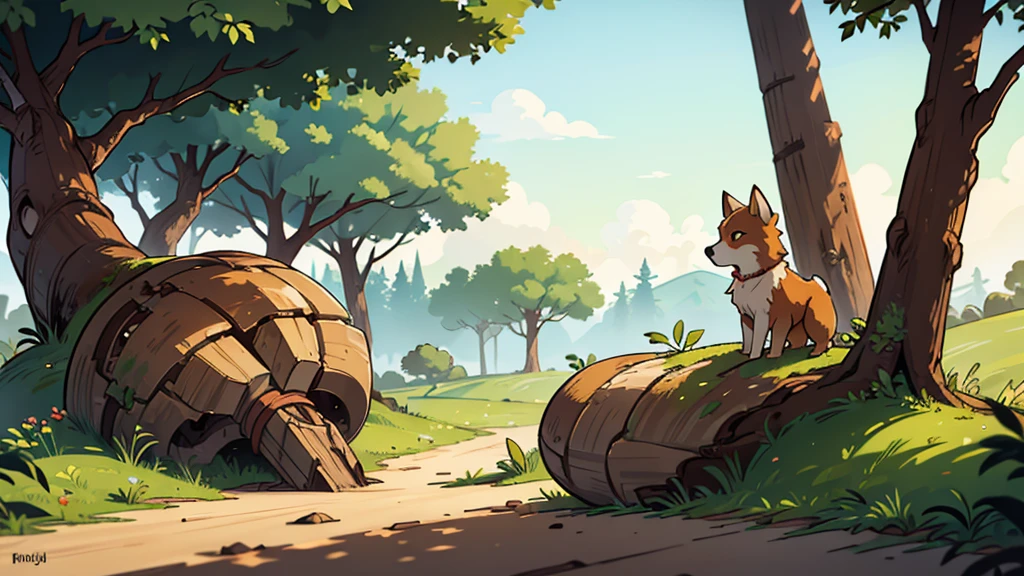 A clearing, a rolling stone, a broken and dry tree trunk, in the background sand dog, wasteland