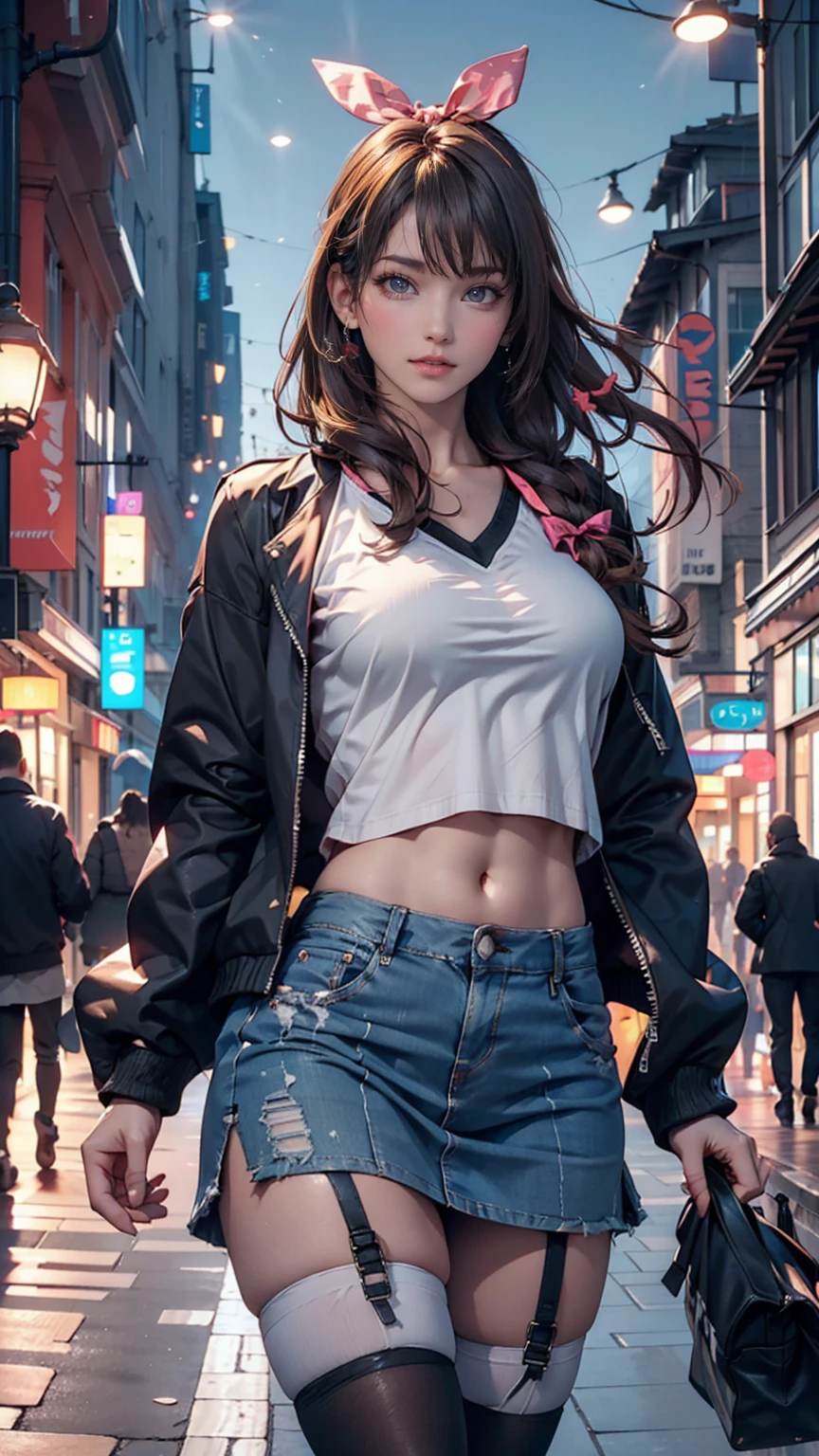 (Highest quality, High resolution, masterpiece :1.3), Beautiful woman, Slim figure, Dark brown hair, T-shirt with printed logo, (Night city street), Highly detailed face and skin texture, Detailed eyes, double eyelid、Sexy proportionidriff Jacket((midriff jacket))、Low rise mini flare skirt、High Knee Socks、sneakers、Top view、Pastel color background with shadows falling on the ground、hair band((hair ribbon))、Straight Hair
