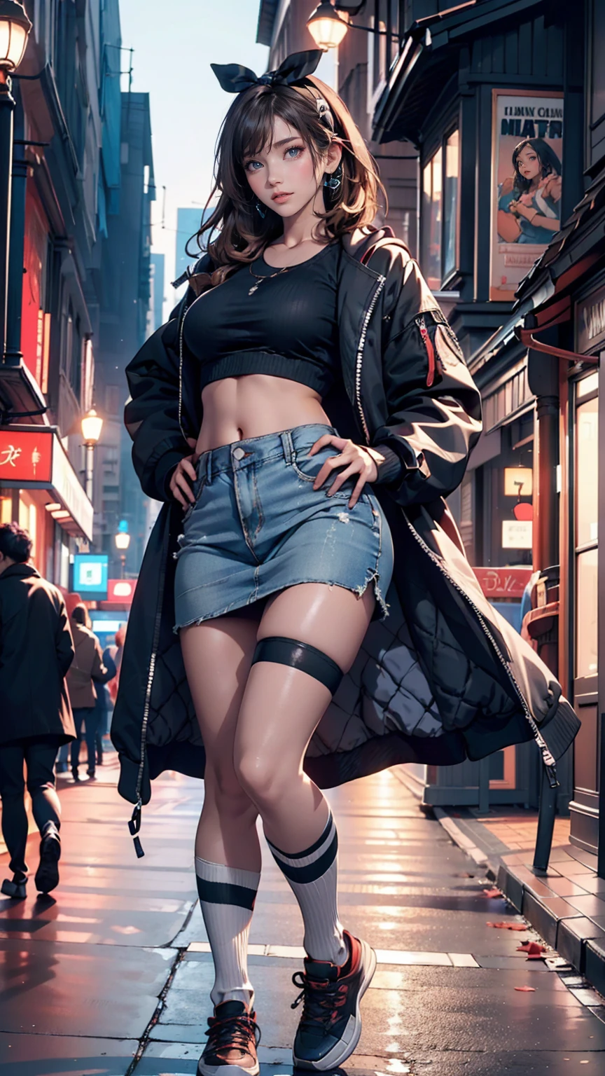 (Highest quality, High resolution, masterpiece :1.3), Beautiful woman, Slim figure, Dark brown hair, T-shirt with printed logo, (Night city street), Highly detailed face and skin texture, Detailed eyes, double eyelid、Sexy proportionidriff Jacket((midriff jacket))、Low rise mini flare skirt、High Knee Socks、sneakers、Top view、Pastel color background with shadows falling on the ground、hair band((hair ribbon))、Straight Hair