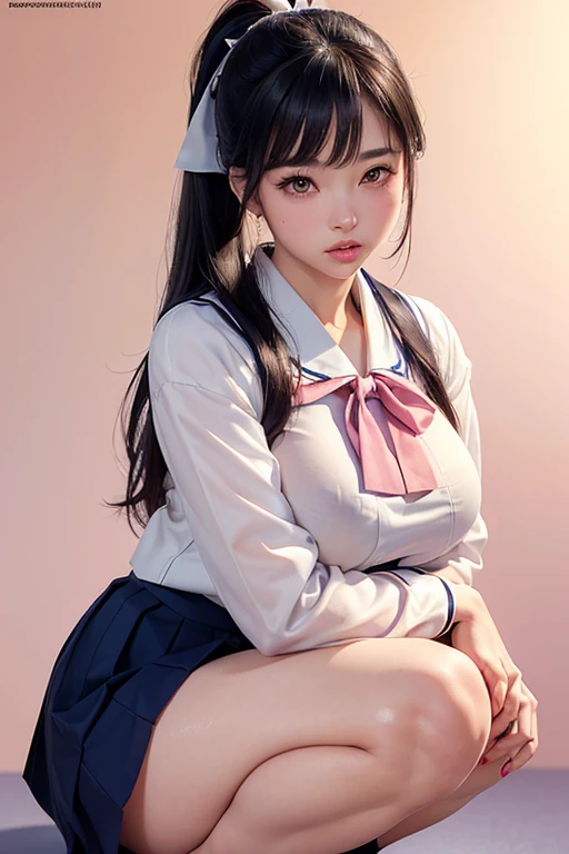 masterpiece, best quality, cinematic, photorealistic, ultra-detailed), (1girl, female Japanese student), (wide shot, from the front:1.4), (wearing a Traditional seifuku with a navy blue skirt and white blouse:1.5), (natural black hair, high ponytail tied with a simple ribbon:1.2), perfect hands, perfect face, (tall height, wide hips, long round legs, sexy legs, round ass), (massive natural soft tits), (hazel eyes, soft and shimmery eyeshadows, detailed pupils, defined eyelashes), (blushing, slightly parted lips, nude pink lips:1.2), (gradient background:1.3), (crouching seductively:1.4)