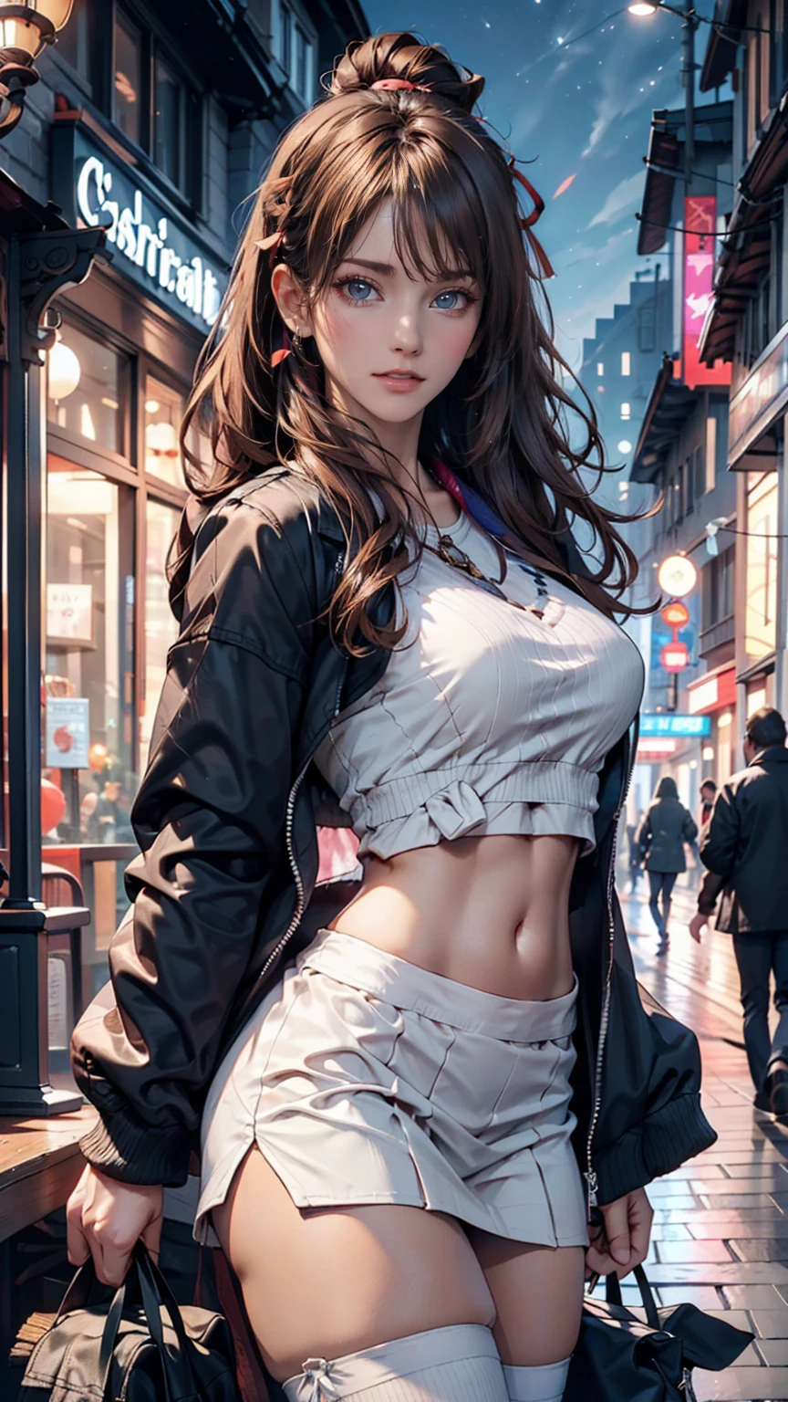 (Highest quality, High resolution, masterpiece :1.3), Beautiful woman, Slim figure, Dark brown hair, T-shirt with printed logo, (Night city street), Highly detailed face and skin texture, Detailed eyes, double eyelid、Sexy proportionidriff Jacket((midriff jacket))、Low rise mini flare skirt、High Knee Socks、sneakers、Top view、Pastel color background、A shadow falls on the ground、hair band((hair ribbon))、Straight Hair