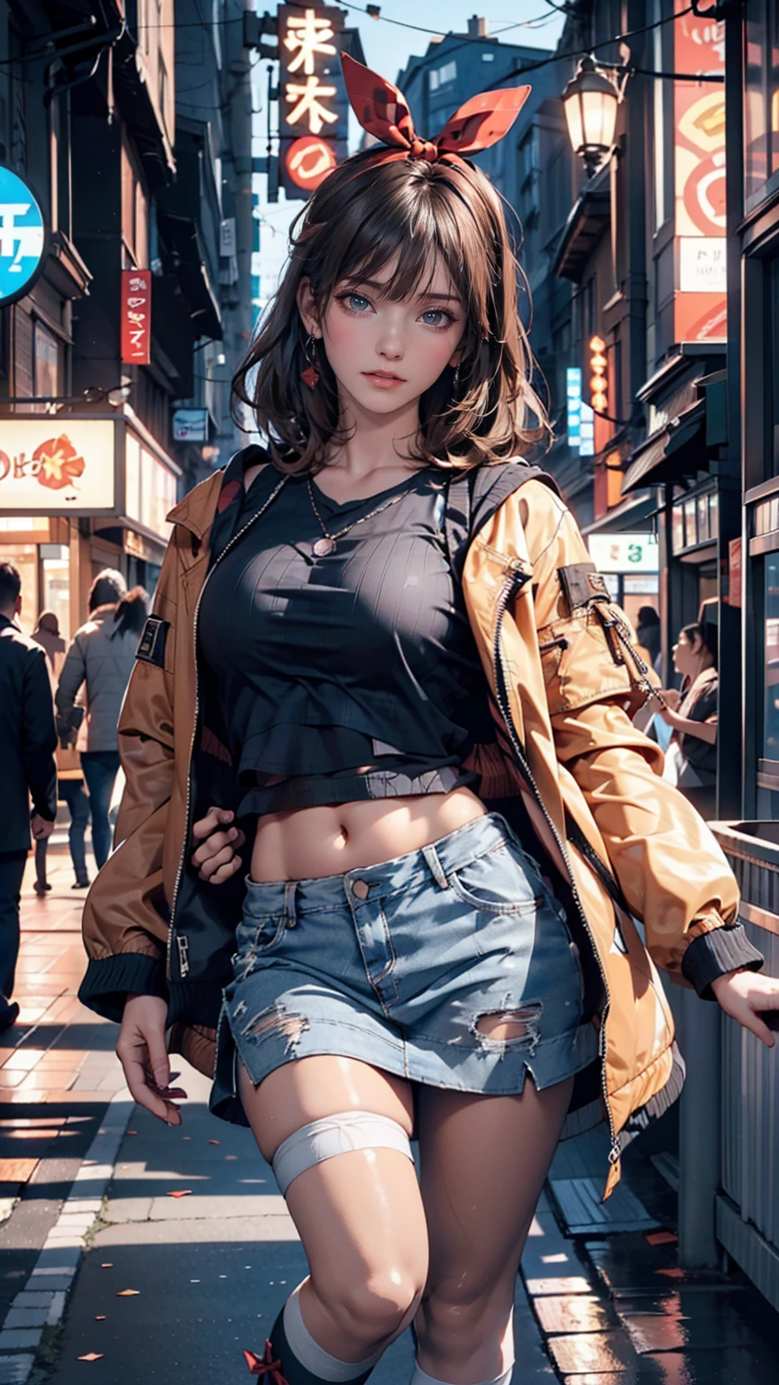 (Highest quality, High resolution, masterpiece :1.3), Beautiful woman, Slim figure, Dark brown hair, T-shirt with printed logo, (Night city street), Highly detailed face and skin texture, Detailed eyes, double eyelid、Sexy proportionidriff Jacket((midriff jacket))、Low rise mini flare skirt、High Knee Socks、sneakers、Top view、Pastel color background、A shadow falls on the ground、hair band((hair ribbon))、Straight Hair