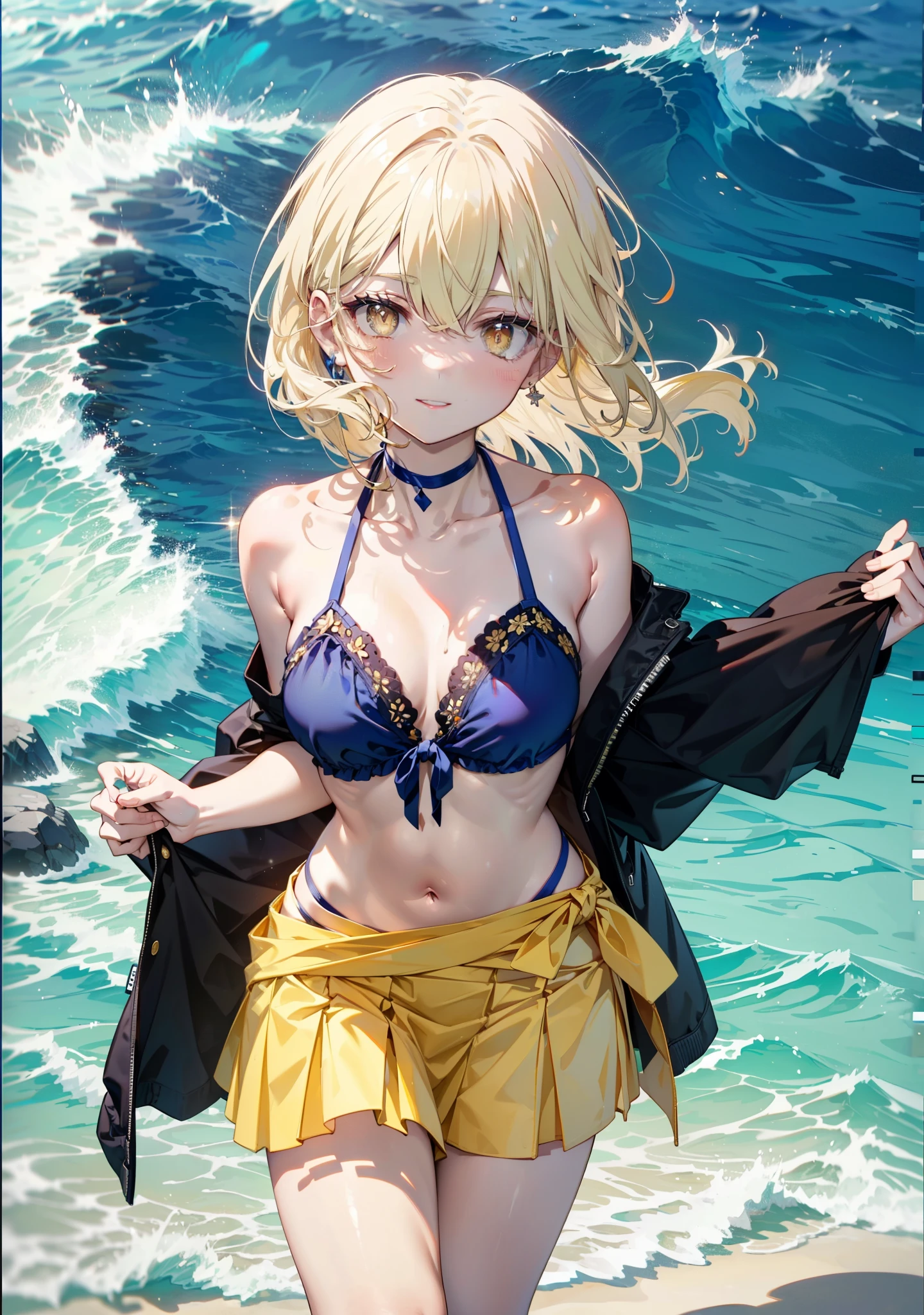 アイスWallenstein, Wallenstein, blonde, Hair between the eyes, hair band, Long Hair, (Yellow Eyes:1.5),happy smile,blush,Blue Bikini Swimsuit,A thin skirt is wrapped around her waist,Belly button, whole bodyがイラストに入るように,Strolling on the sandy beach,
break outdoors, Beach,
break looking at viewer, whole body, (Cowboy Shot:1. 5),
break (masterpiece:1.2), Highest quality, High resolution, unity 8k wallpaper,, (shape:0.8), (Beautiful attention to detail:1.6), Highly detailed face, Perfect lighting, Extremely detailed CG, (Perfect hands, Perfect Anatomy),