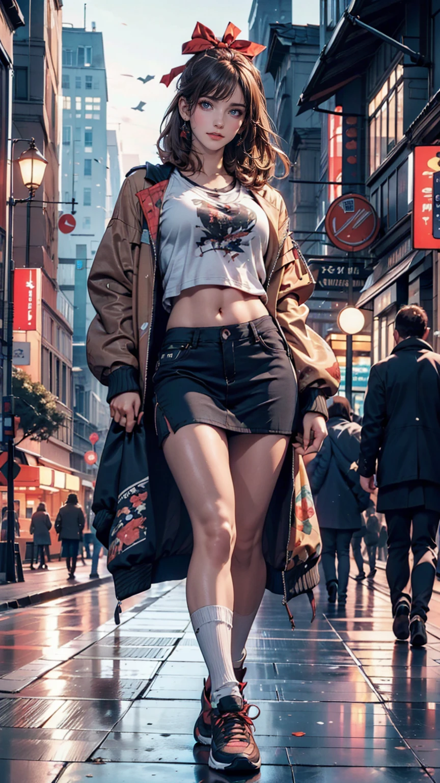 (Highest quality, High resolution, masterpiece :1.3), Beautiful woman, Slim figure, Dark brown hair, T-shirt with printed logo, (Night city street), Highly detailed face and skin texture, Detailed eyes, double eyelid、Sexy proportionidriff Jacket((midriff jacket))、Low rise mini flare skirt、High Knee Socks、sneakers、Top view、Pastel color background、A shadow falls on the ground、hair band((hair ribbon))、Straight Hair