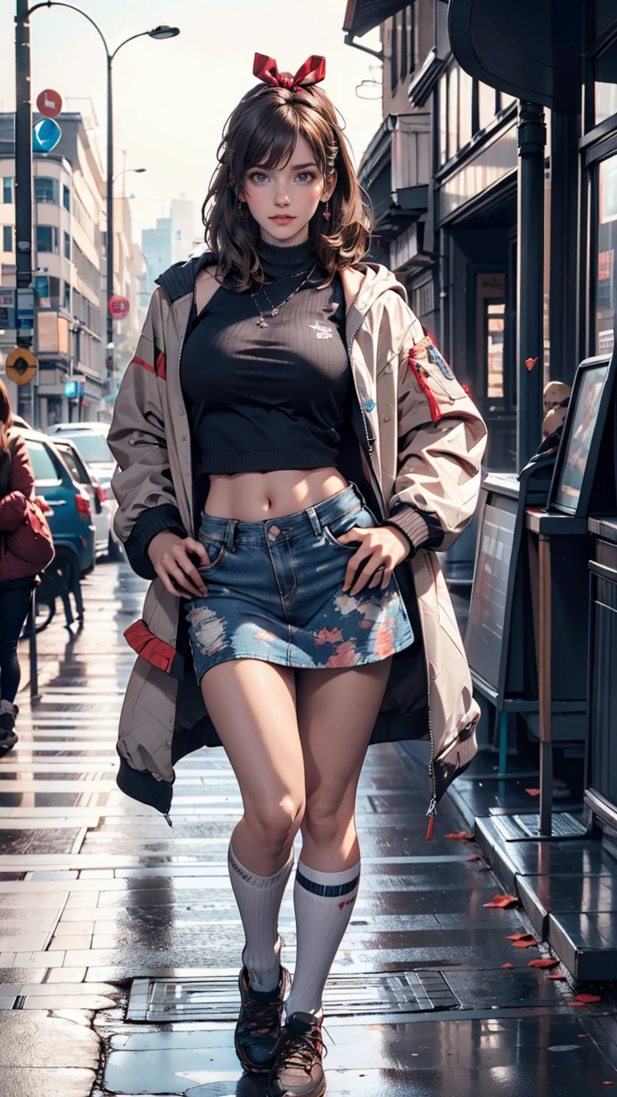 (Highest quality, High resolution, masterpiece :1.3), Beautiful woman, Slim figure, Dark brown hair, T-shirt with printed logo, (Night city street), Highly detailed face and skin texture, Detailed eyes, double eyelid、Sexy proportionidriff Jacket((midriff jacket))、Low rise mini flare skirt、High Knee Socks、sneakers、Top view、Pastel color background、A shadow falls on the ground、hair band((hair ribbon))、Straight Hair