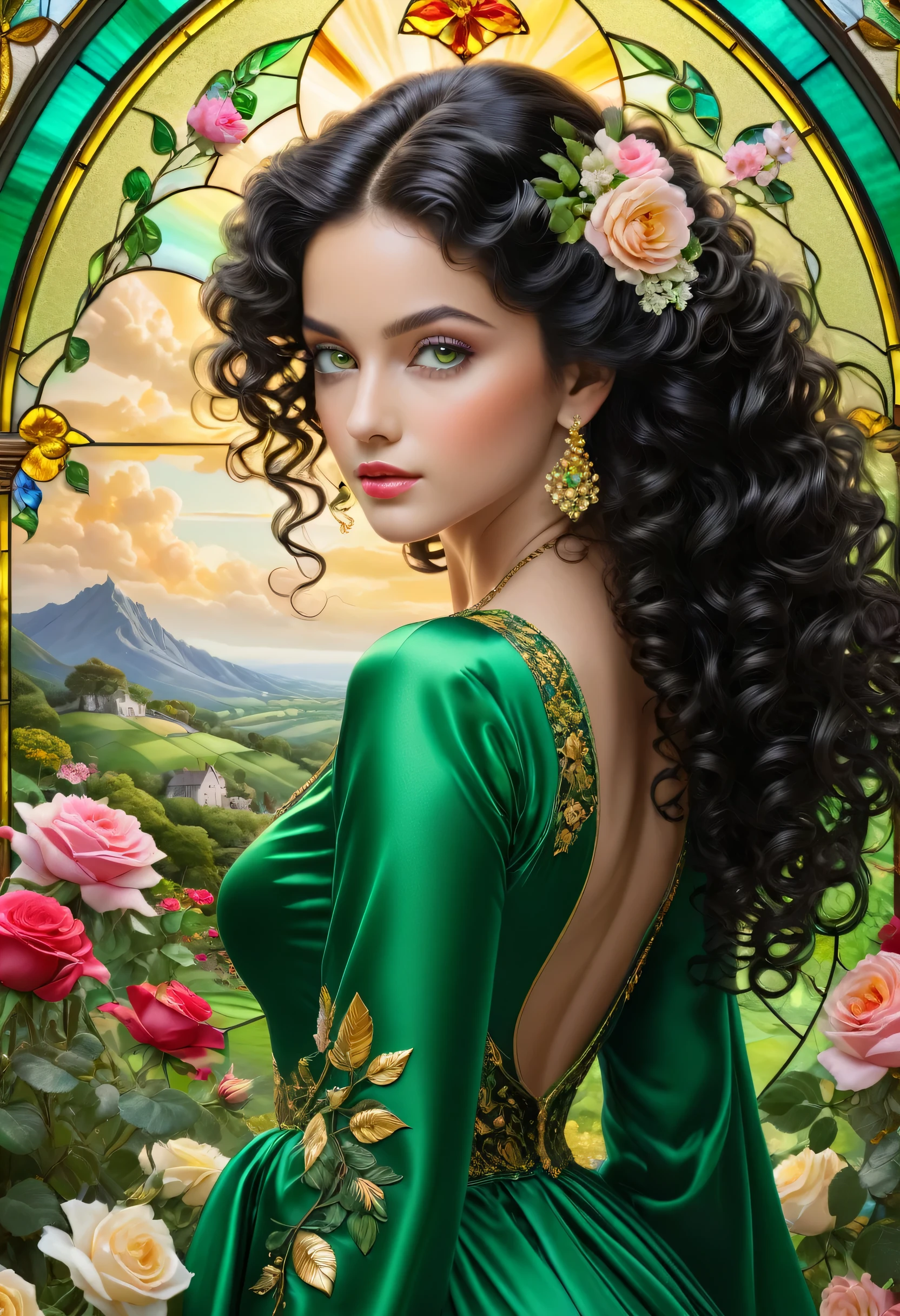 a girl, beautiful crystal green eyes, black curly hair tied up, colorful stained glass background, garden of roses and wild flowers, high detail, beautiful and complicated sky, volumetric light, 8k, muted color, soft colors, bright and sharp, green satin, barbados green, gold thread embroidery, Sensitivity, Rhapsody in green and bleached floral silk, Popular Topics on Artstation, sharp focus, Studio Shots, intricate details, Very detailed, Popular Topics on Artstation, sharp focus, Studio Shots, details Intricate, Very detailed.