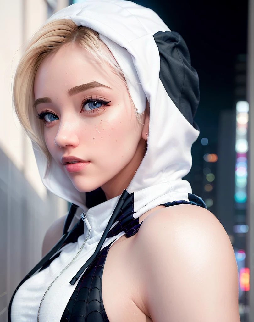(masterpiece), ((best quality)), parted lips, light_smile, cinematic lighting, ultra-realistic, ((realistic)), (gwen_stacy), blonde_hair, short_hair, solo, sidecut, asymmetrical_hair, parted_lips, eyebrow_piercing, (detailed face), beautiful 1girl, 1girl, looking at viewer, (beautiful detailed eyes), bodysuit, spider-suit, white hoodie, hood_down, portrait, upper_body, (side of head shaved), (big breasts), naked with a cock