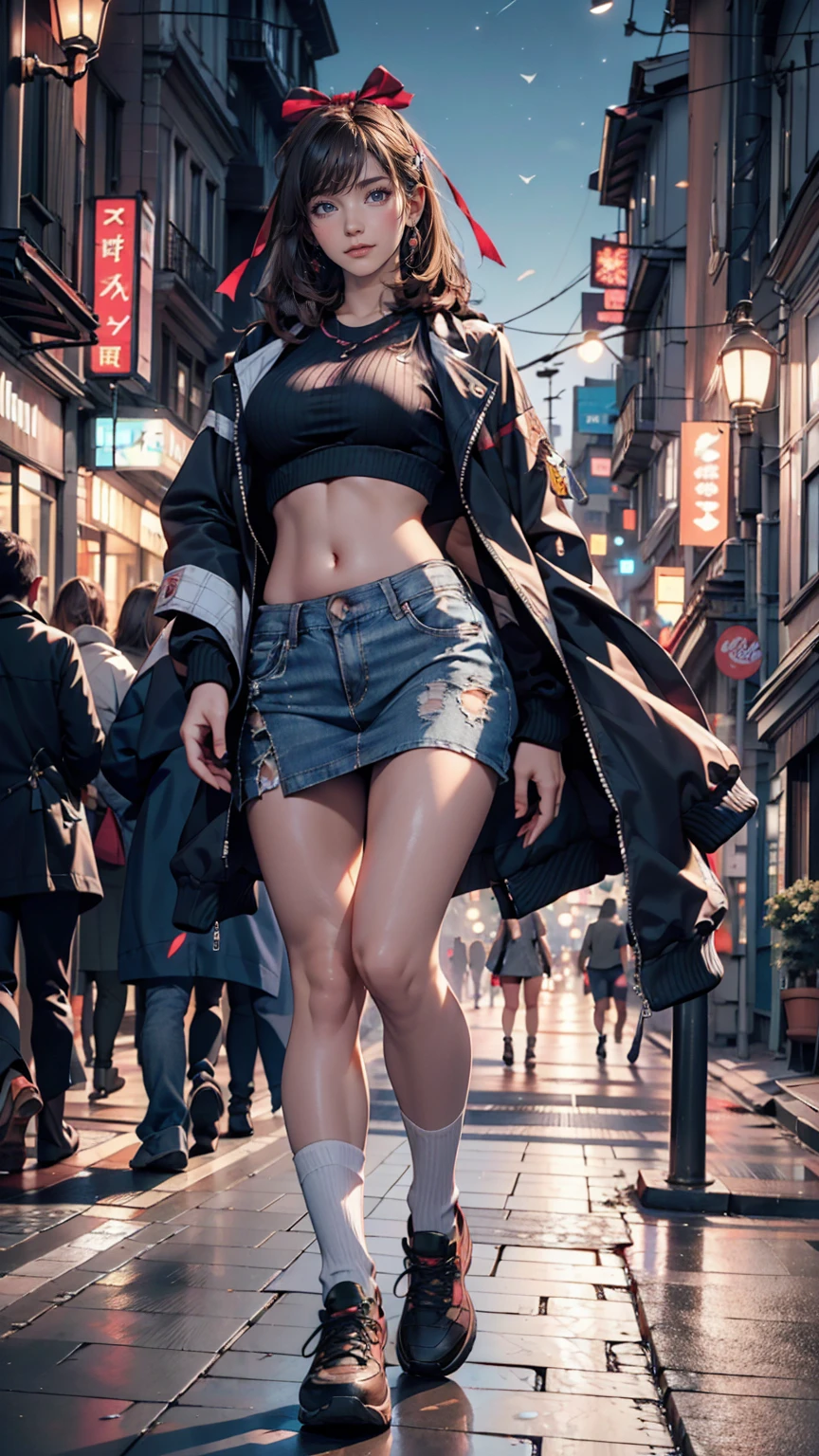 (Highest quality, High resolution, masterpiece :1.3), Beautiful woman, Slim figure, Dark brown hair, T-shirt with printed logo, (Night city street), Highly detailed face and skin texture, Detailed eyes, double eyelid、Sexy proportionidriff Jacket((midriff jacket))、Low rise mini flare skirt、High Knee Socks、sneakers、Top view、Pastel color background、A shadow falls on the ground、hair band((hair ribbon))、Straight Hair