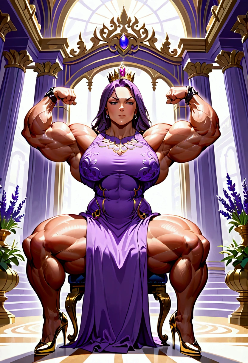 Unstoppable_queen (((muscular size, massive biceps, bulky muscles, very wide))) large_character ( lavender dress, peep toe high heels) sitting_on_thrown ((gold and purple palace))
