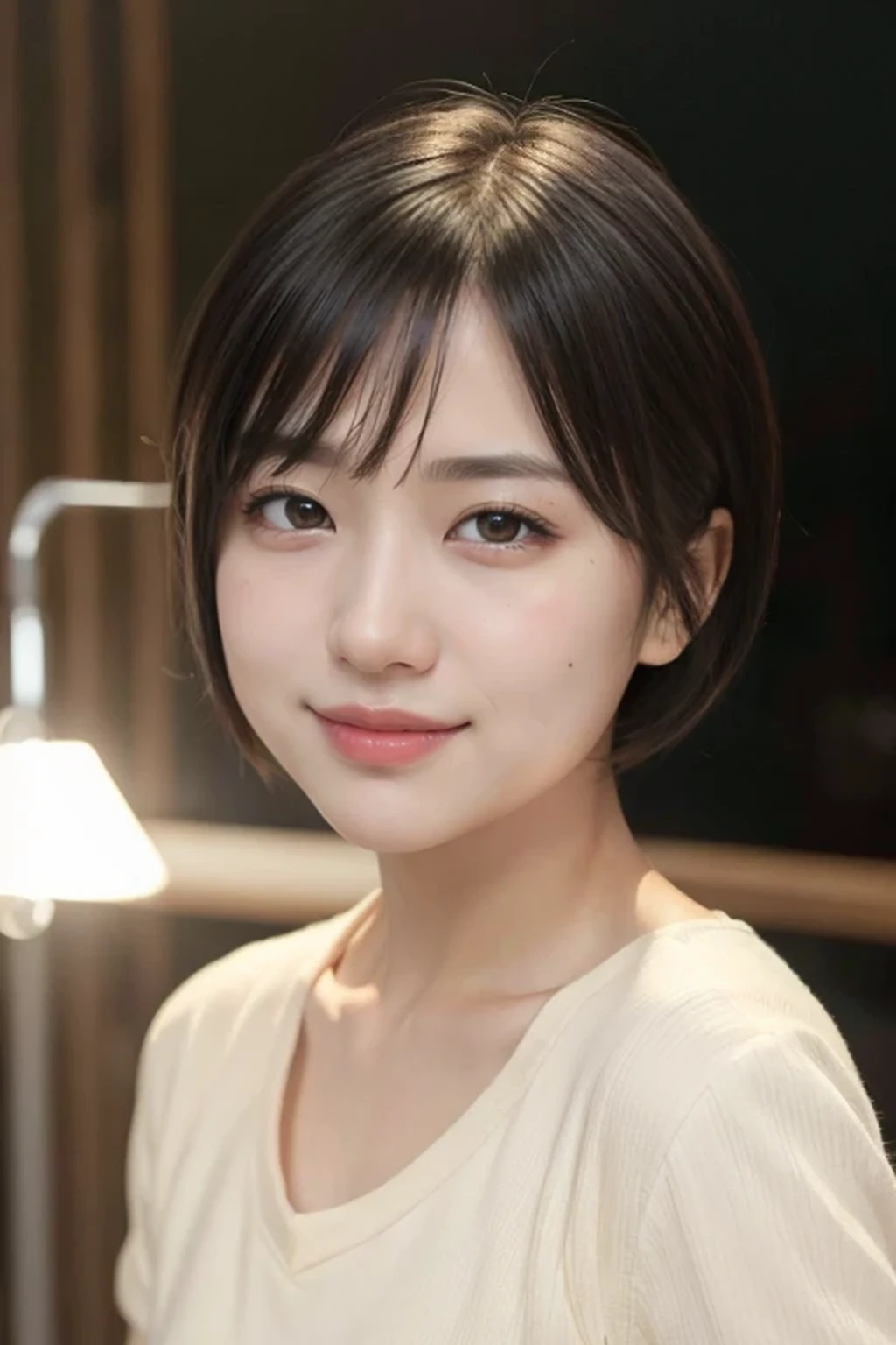 (Moody Lighting:1.3), 8k, RAW photo, best quality, masterpiece, realistic, photo-realistic, clear, beautiful face, no makeup, best quality, ultra high res, BREAK, Japanese cute girl, , (very short cut hair, smile:1.2)