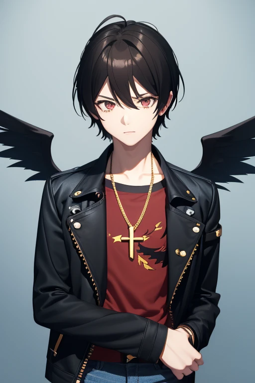 V Flower Vocaloid 16 year old boy Black hair with black light brown eyes Black open jean jacket with wings print Red shirt Blue jeans Gold cross necklace looking directly at viewer on a light blue background
