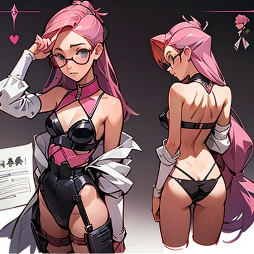 pink and black Lingerie ((Thong, bra Glasses and accessories))design inspired by miorine rembrant (gundam) With long hair , in various views (front and back) ((Character sheet)) (((covering privates)))