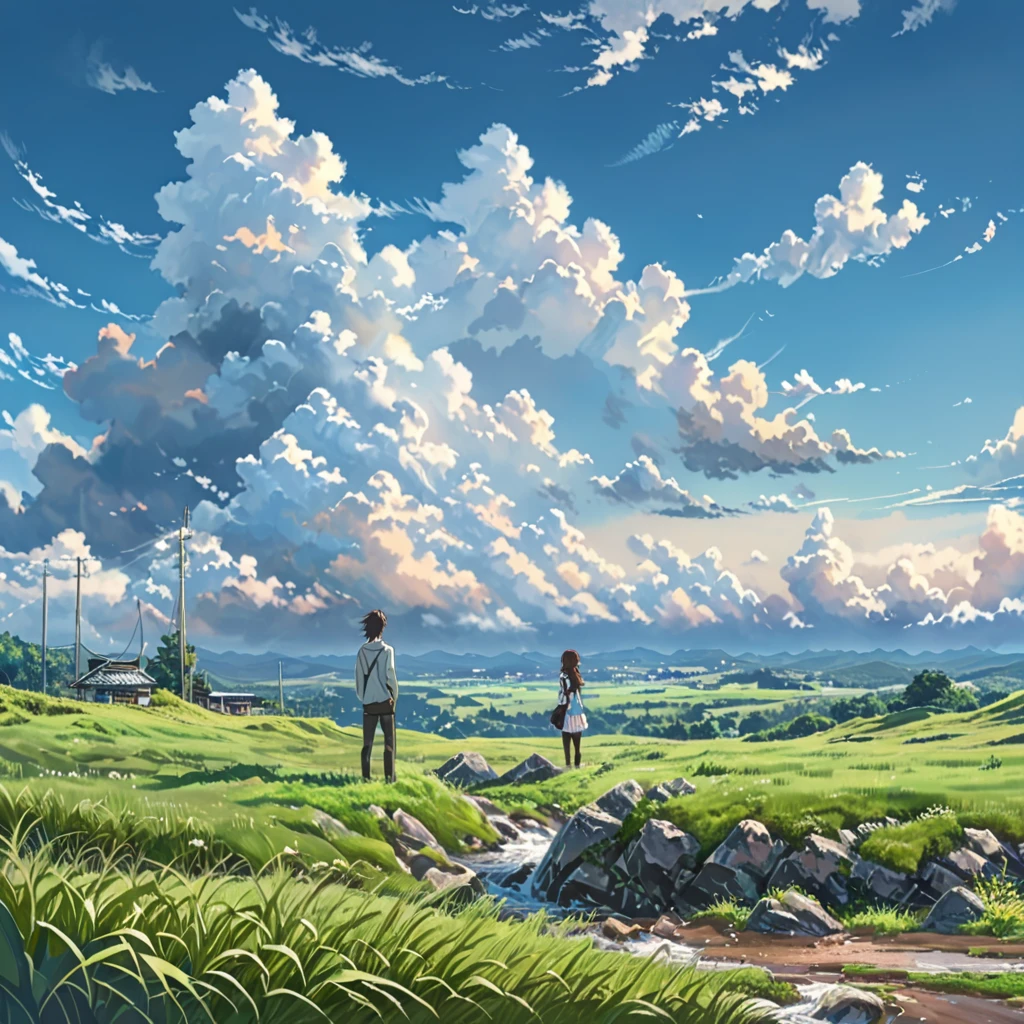 anime, anime landscape, beautiful hair, boyfridend girlfrien sweet, looking at clouds, in a grassland, creative, realist, white clouds, blue sky, landscape amazing, guy looking away from camera, wide photo