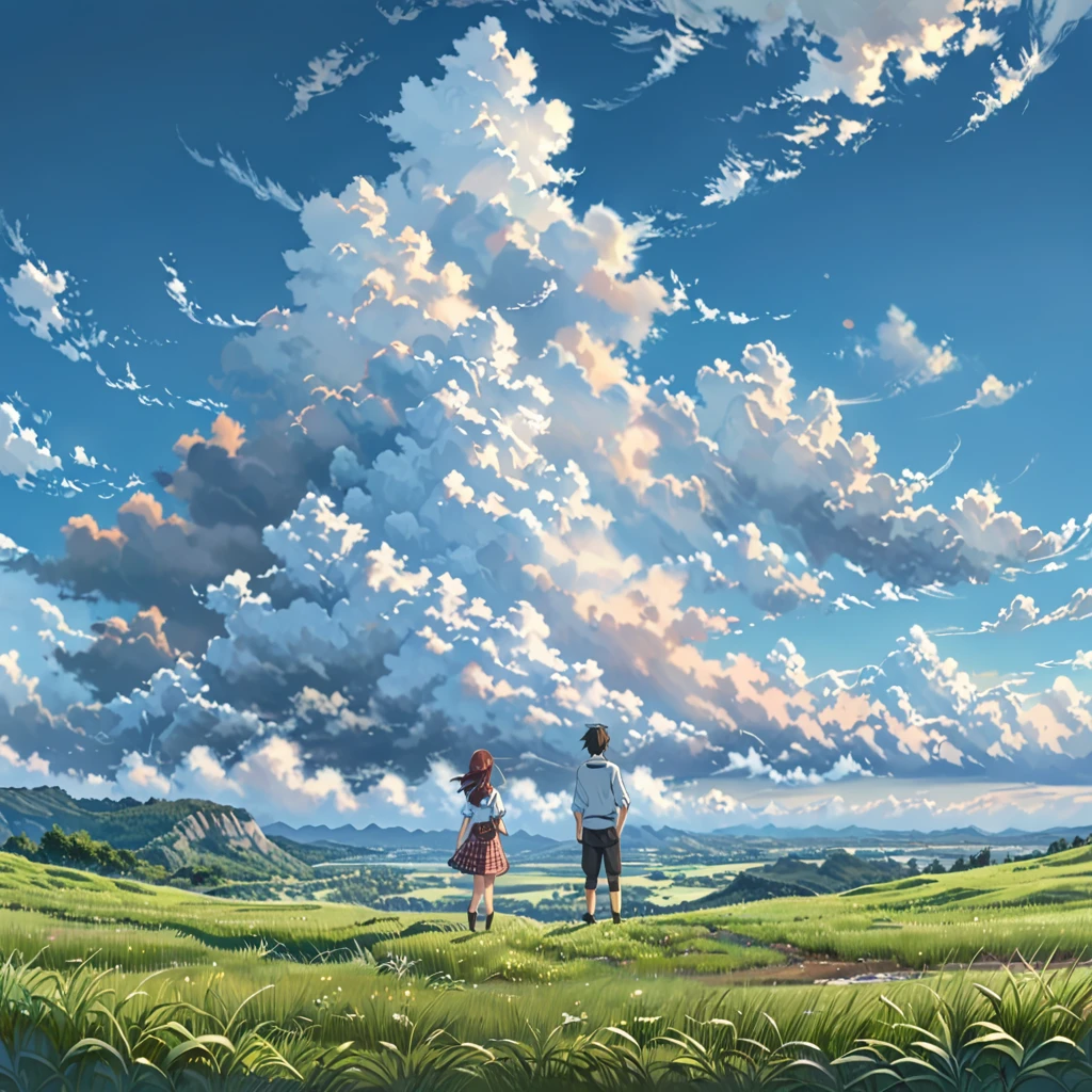 anime, anime landscape, beautiful hair, boyfridend girlfrien sweet, looking at clouds, in a grassland, creative, realist, white clouds, blue sky, landscape amazing, guy looking away from camera, wide photo