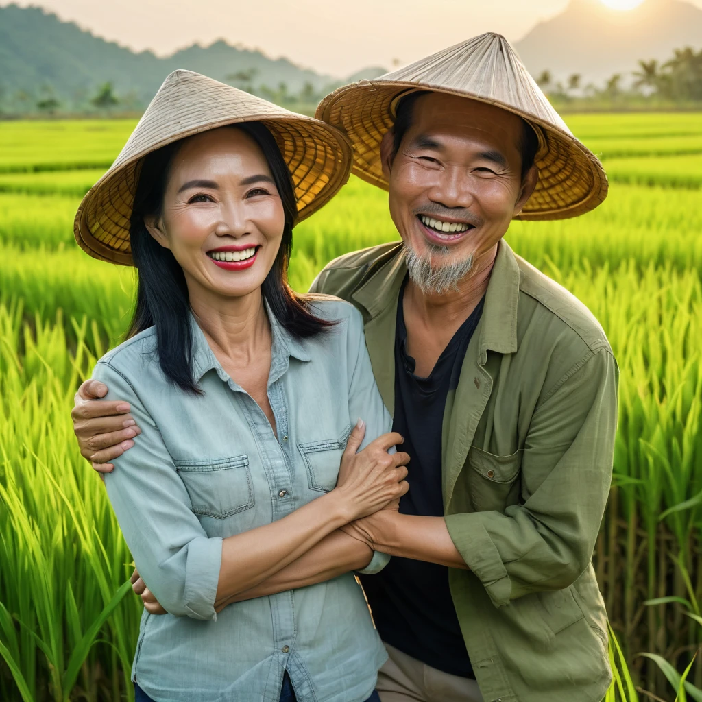a middle-aged Vietnamese couple, beautiful and sexy woman, very happy, in a rice field, wearing Vietnamese hats, looking at the camera, laughing, (best quality,4k,8k,highres,masterpiece:1.2),ultra-detailed,(realistic,photorealistic,photo-realistic:1.37),portrait,vibrant colors,warm lighting,detailed clothing,lush environment,natural scenery