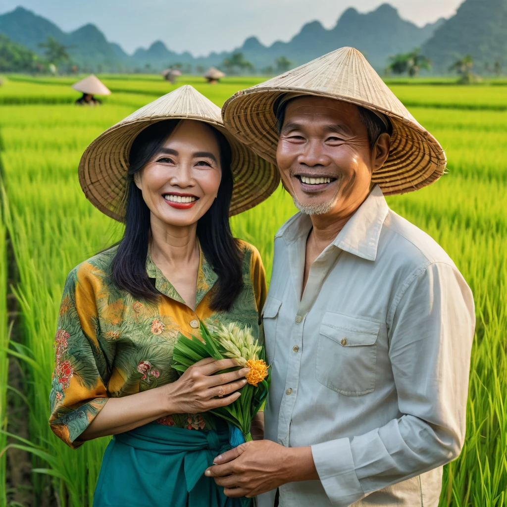 a middle-aged Vietnamese couple, beautiful and sexy woman, very happy, in a rice field, wearing Vietnamese hats, looking at the camera, laughing, (best quality,4k,8k,highres,masterpiece:1.2),ultra-detailed,(realistic,photorealistic,photo-realistic:1.37),portrait,vibrant colors,warm lighting,detailed clothing,lush environment,natural scenery