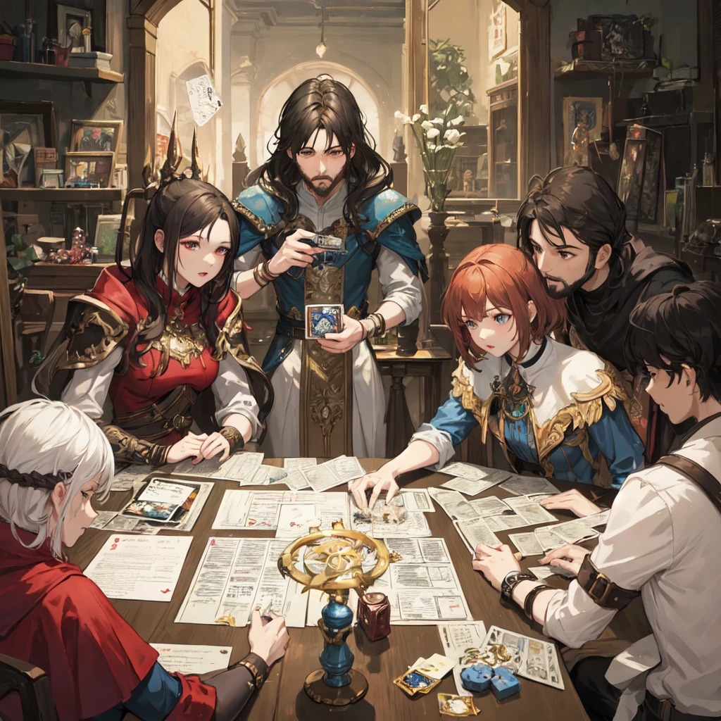 white woman with short red hair, short brown haired white woman, man with brown hair and beard, black haired man without beard. The four are sitting together at the table playing a role-playing game in a cozy multidimensional tavern, board game cover art, DnD card game art, DnD card game art. ”, card game illustration, Arte de RPG, fantasy card game art, epic fantasy card game art, high quality dnd illustration, dnd card art.