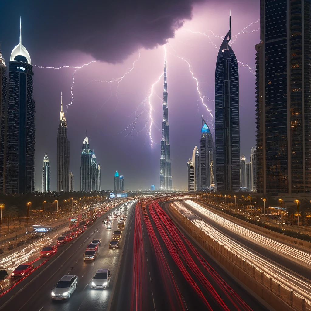 Realistic, , high quality, 4k, 8k, 16k, c thunderstorming, photorealistic, in dubai, walking in dubai, establing shot, , crowded traffic, dubai skyline