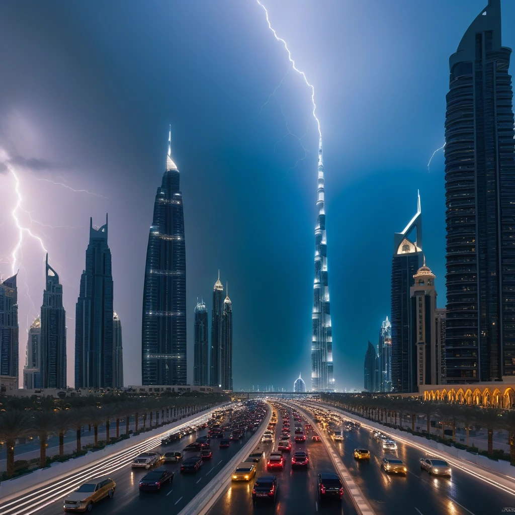 Realistic, , high quality, 4k, 8k, 16k, c thunderstorming, photorealistic, in dubai, walking in dubai, establing shot, , crowded traffic, dubai skyline