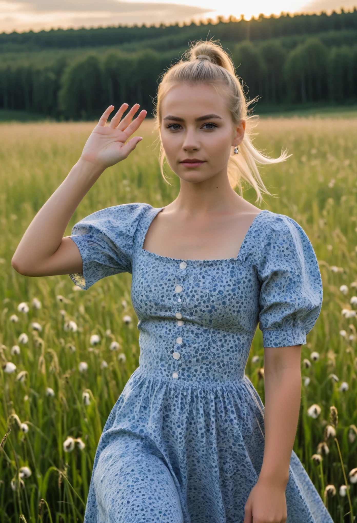 realistic photo of the body of a sad finnish blonde woman with ponytail dancing in front of the camera in a long cotton dress, Meadow, glamorous photo shoot, perfect anatomy, Perfect eyes. Perfect hands with 5 fingers on each hand. fit girl, looking to the camera, strong hip:1.2, wide hip:1.3, *********** woman. (eye makeup:1.1), (very detailed skin:1.1), raw, analog style, sharp focus, 8k hd, DSLR, high quality, Fujifilm XT3, grain, awarded, masterpiece.