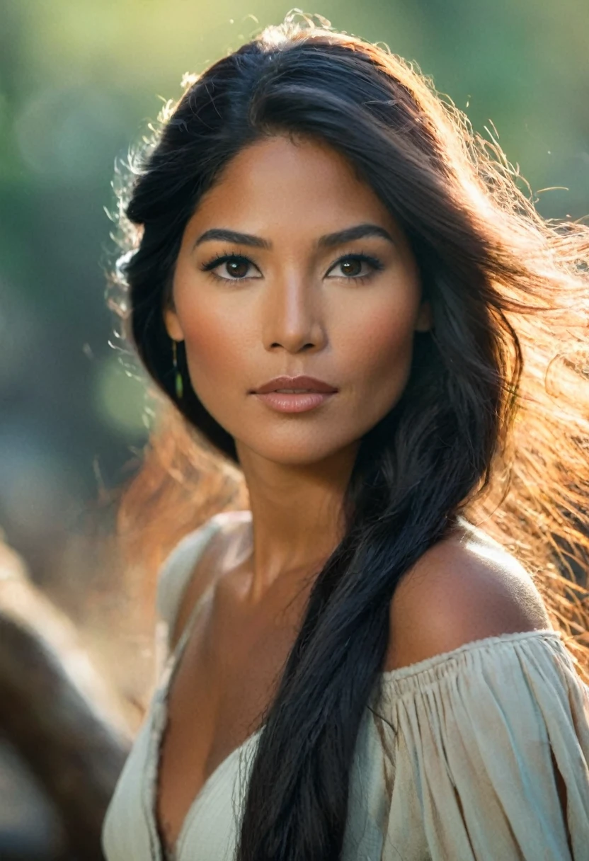 CRU photo, real life Pocahontas, Support 160 colors, high-detailed face, sharp focus on the subject, imperfections, fine features, bokeh, work of art, 8k, ultra HD, 35mm photography, natural lighting, analog AND digital
