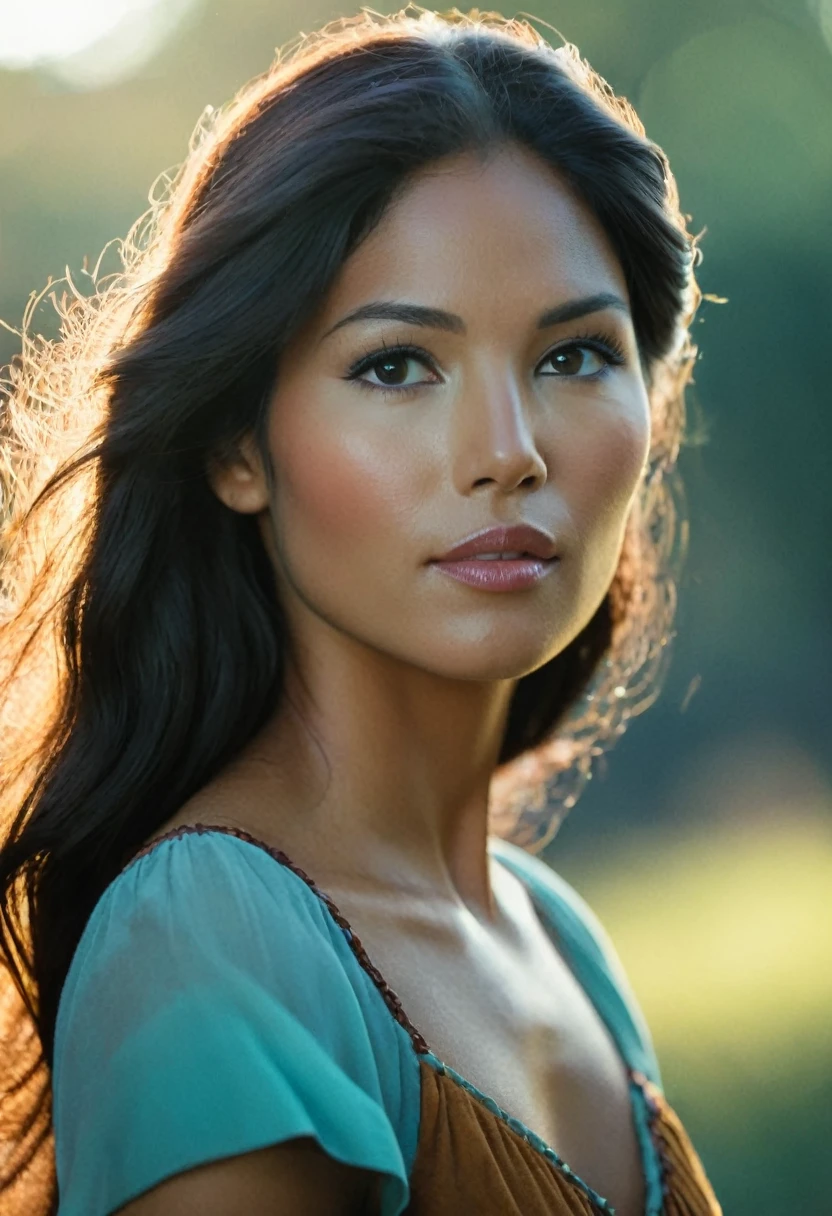 CRU photo, real life Pocahontas, Support 160 colors, high-detailed face, sharp focus on the subject, imperfections, fine features, bokeh, work of art, 8k, ultra HD, 35mm photography, natural lighting, analog AND digital