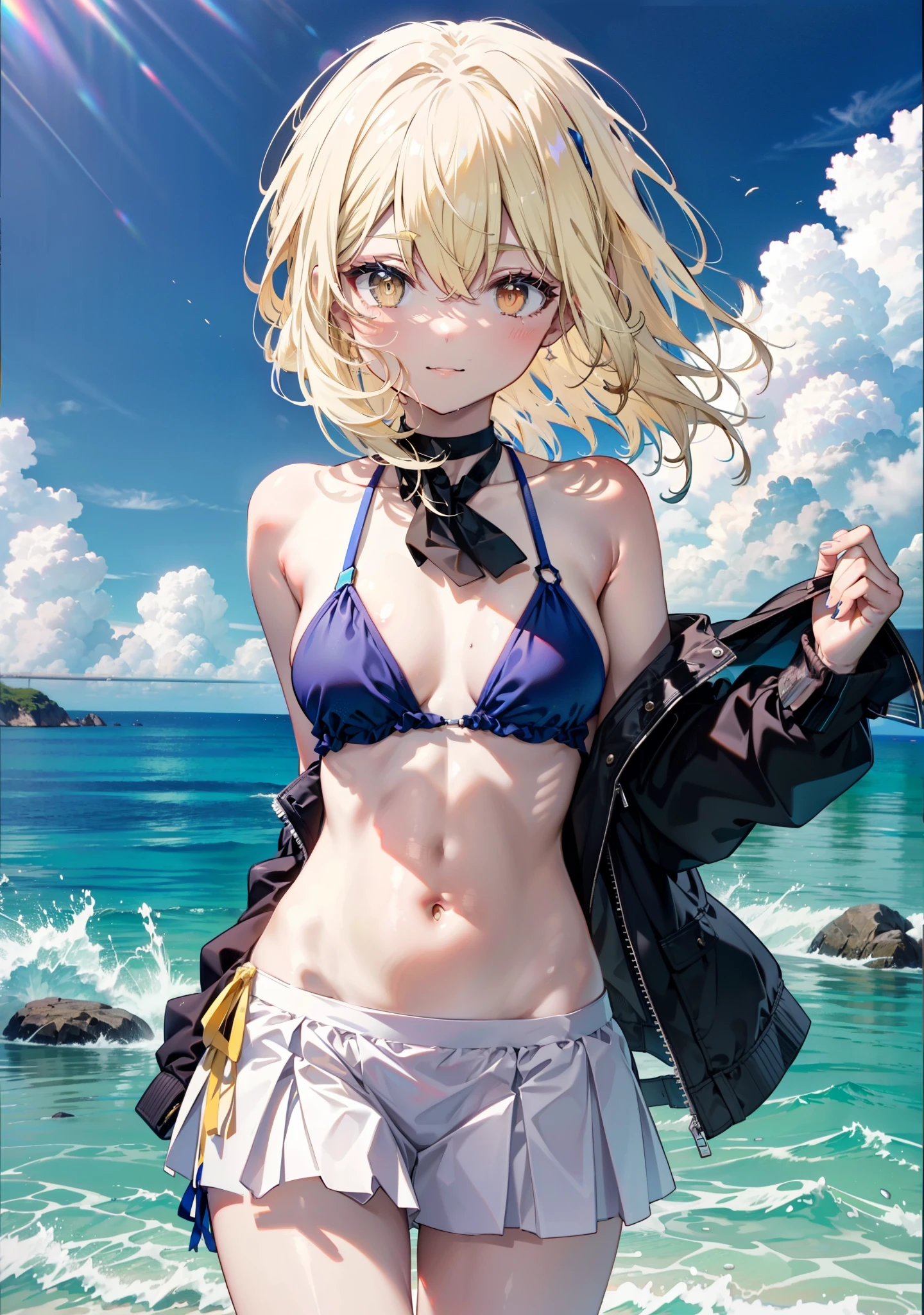 アイスWallenstein, Wallenstein, blonde, Hair between the eyes, hair band, Long Hair, (Yellow Eyes:1.5),happy smile,blush,Blue Bikini Swimsuit,A thin long skirt is wrapped around her waist.,Belly button, whole bodyがイラストに入るように,Strolling on the sandy beach,
break outdoors, Beach,
break looking at viewer, whole body, (Cowboy Shot:1. 5),
break (masterpiece:1.2), Highest quality, High resolution, unity 8k wallpaper,, (shape:0.8), (Beautiful attention to detail:1.6), Highly detailed face, Perfect lighting, Extremely detailed CG, (Perfect hands, Perfect Anatomy),