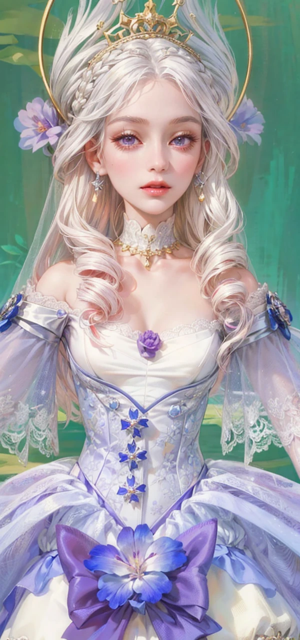 (masterpiece, top quality, best quality, official art, enchanting and aesthetic:1.2), 1female, white silver hair, royal braided hair, violet eyes, white and red dress, red and gold jewelry, high quality details, 4k eyes, white hair, silver white hair