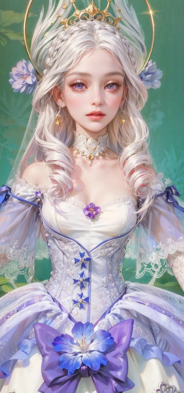 (masterpiece, top quality, best quality, official art, enchanting and aesthetic:1.2), 1female, white silver hair, royal braided hair, violet eyes, white and red dress, red and gold jewelry, high quality details, 4k eyes, white hair, silver white hair