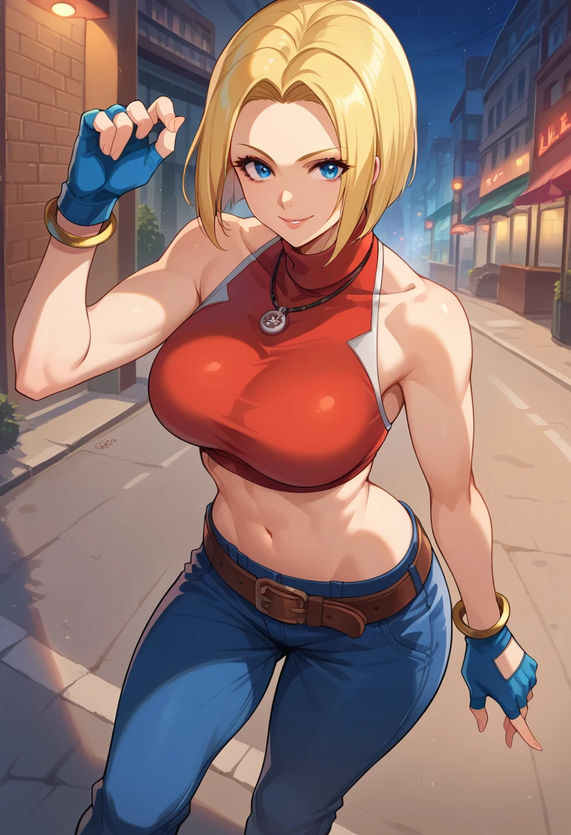 score_9, score_8_up, score_7_up, 1girl, solo, BlueMary, short hair, blue eyes,pants, crop top, turtleneck, belt, large breasts, fingerless gloves, necklace, standing, standing, (lying on side), bented legs, grapping own legs, flirtatious smile, looking at you, night, street, illimunated city, from above