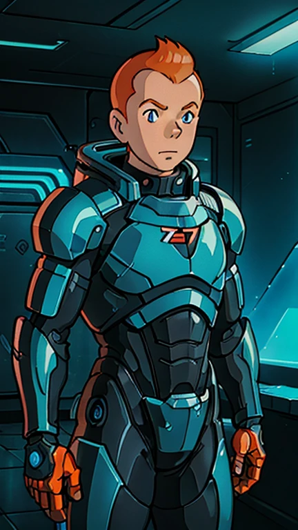 (Teens:1male: Tintin), (extremely detailed CG unit 8k wallpaper),(master part), (best quality), (ultra detail), (best illustration),(n7armor), cowboy shot, (Sharp eyeliner, ombre, detailed eyes:1), dark neon light cyberpunk indoors background, ,break , (ghibli style), upper body, very short hair,orange hair