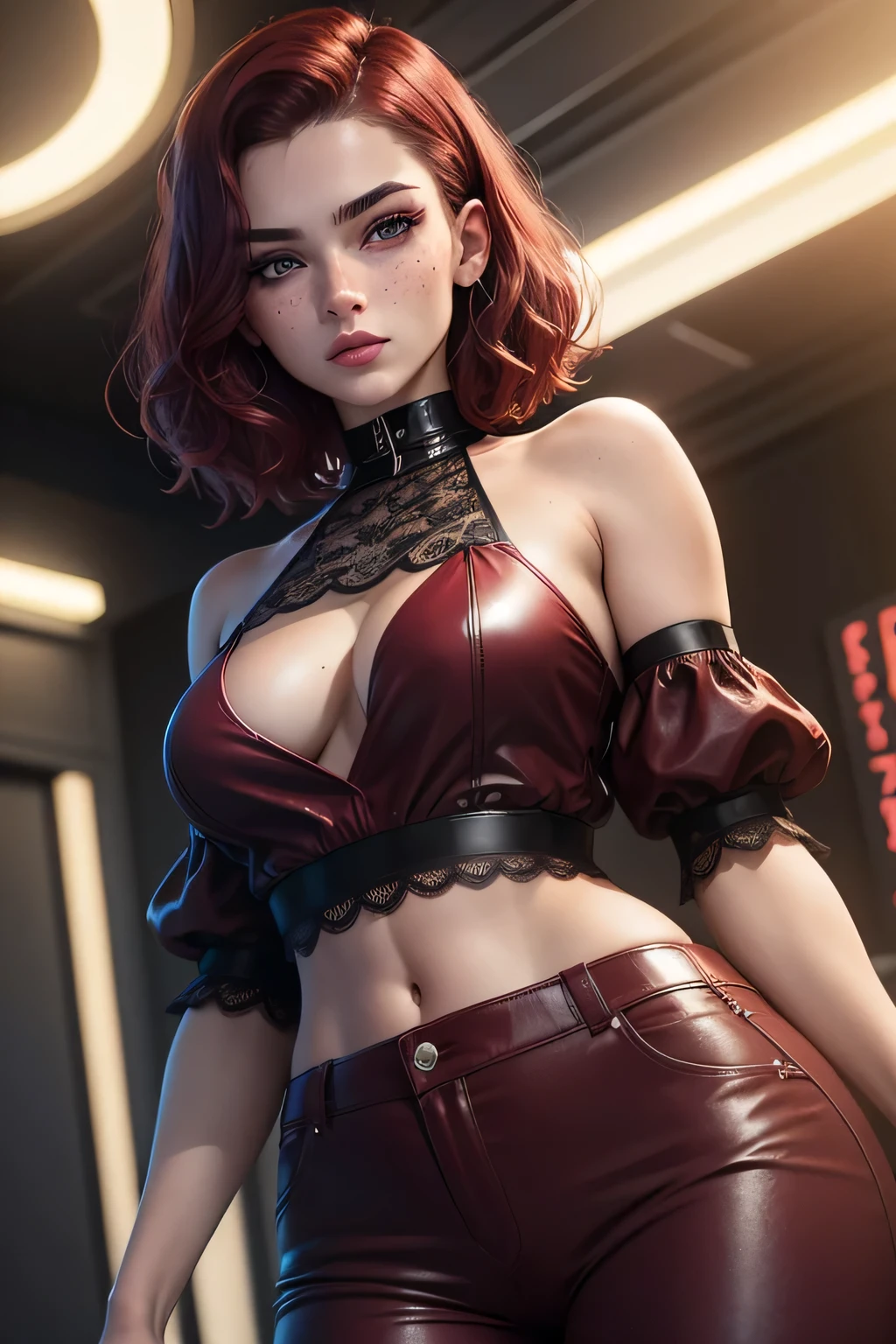 a 20 year old european girl with wavy short red burgundy bobbed haircut wavy, freckles, arrogant and mean expression, wearing red and black party pants, going to a party, beautiful detailed eyes, beautiful detailed lips, extremely detailed eyes and face, long eyelashes, high fashion, elegant, glamorous, colorful party lights, cinema4d, octane render, highly detailed, 8k, photorealistic, masterpiece
