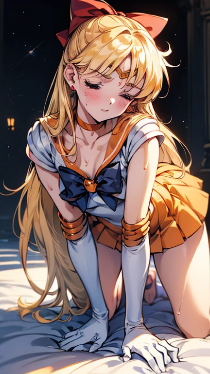 (Beautiful attention to detail:1.6), Highly detailed face,{{masterpiece}}, {{{Highest quality}}},{{Very detailed}},{{Outdoor fighting}},1girl,30years old,{Mature Woman}},sailor venus,sv1,{{ sailor senshi uniform}}, Orange Skirt, elbow gloves, tiara, {{{orange sailor collar:1,7}}}, red bow, orange choker, white gloves, jewelry},furrow one's brow ,｛{all fours}},{{On all fours},full body,from side,{{Small breasts}},Small face,{{}},,Thighs,{{v-shaped eyebrows}},Bad mood,blush、Sweat, ruins,one eye closed,