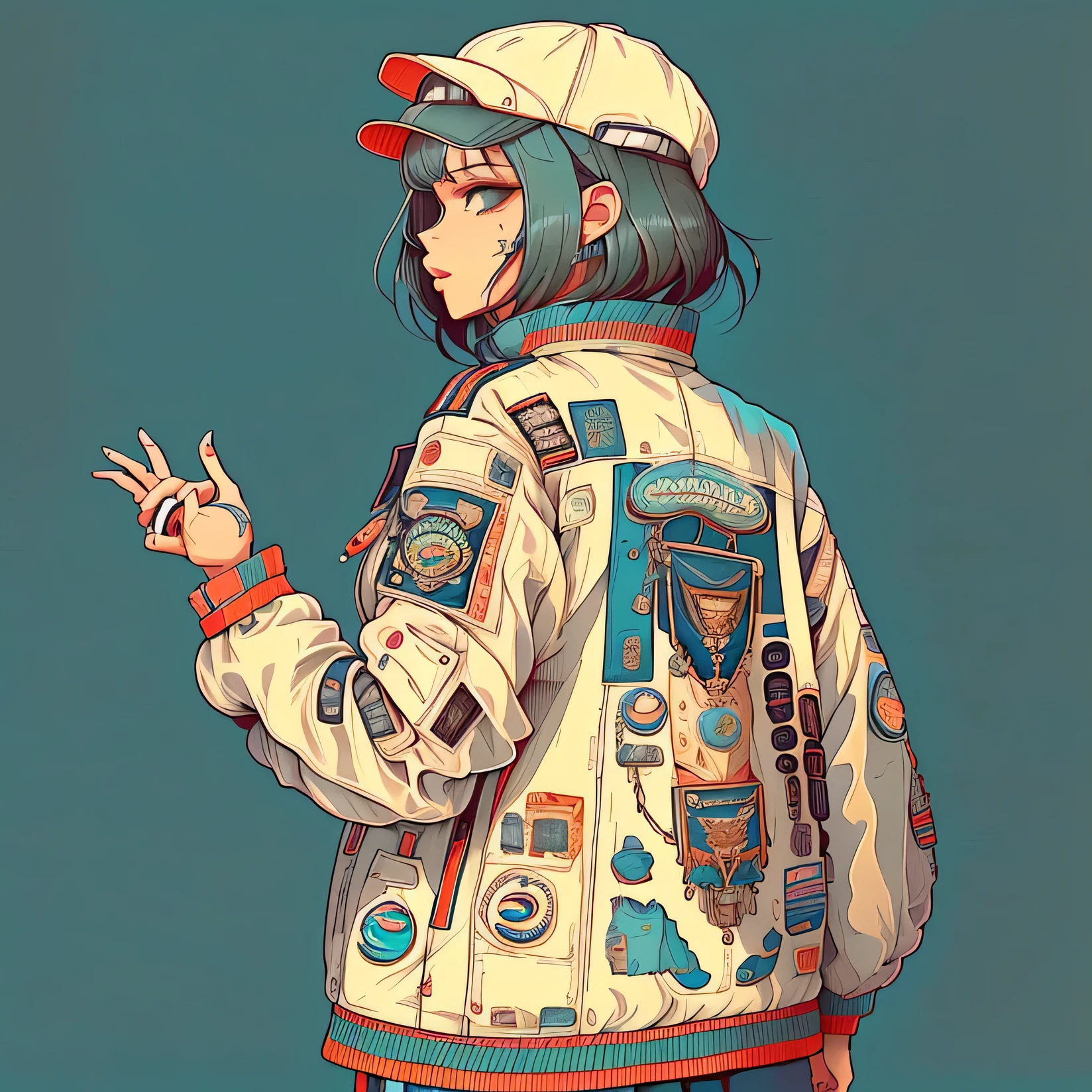A woman wearing a jacket with a patch on the back, Illustration Style, Cute and detailed artwork, Impressively detailed art style, Cyberpunk Streetwear, In Sachin Ten style, wearing Cyberpunk Streetwear, She wears streetwear, shirt art, streetwear graphic design, Great illustrations, lo-fi Illustration Style, highly detailed character design, Beautiful artwork illustration, Inspired by NEVERCREW