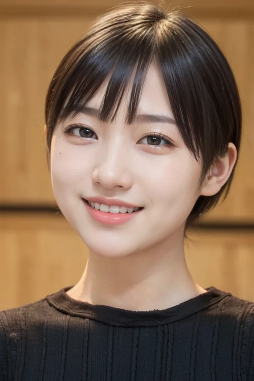 (Low Key Lighting:1.3), 8k, RAW photo, best quality, masterpiece, realistic, photo-realistic, clear, beautiful face, no makeup, best quality, ultra high res, BREAK, Japanese cute girl, 14 years old, (very short cut hair, smile:1.2)
