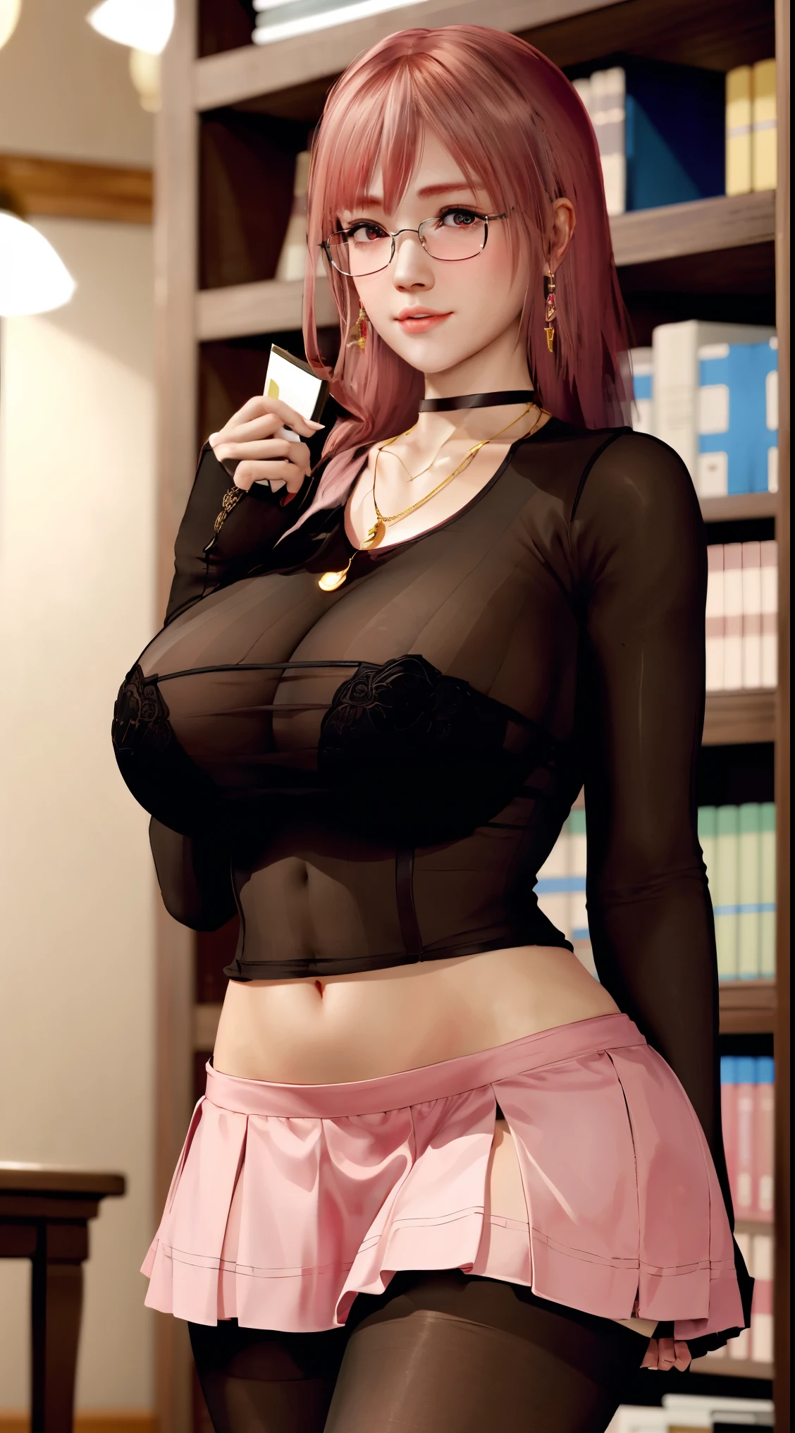 Honoka,    大student，Pink Hair，Huge breasts，cleveage，Low-cut，Pantyhose，Lovely，necklace，earrings，Red lips，Shy，wear glasses，student，Holding a book，library，scholar，PhD，，JK，mini skirt