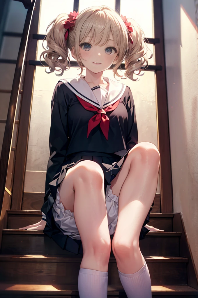 (masterpiece), 4K,woman,Long sleeve sailor suit,Small breasts,Small Ass,Curly Twin Tails,Light bulb lighting,Realistic, skinny, Big smile,Frill Bra,((,Short bloomers under a skirt)),Sitting on the stairs,((Knee-length pleated skirt)),Angle from below the knee