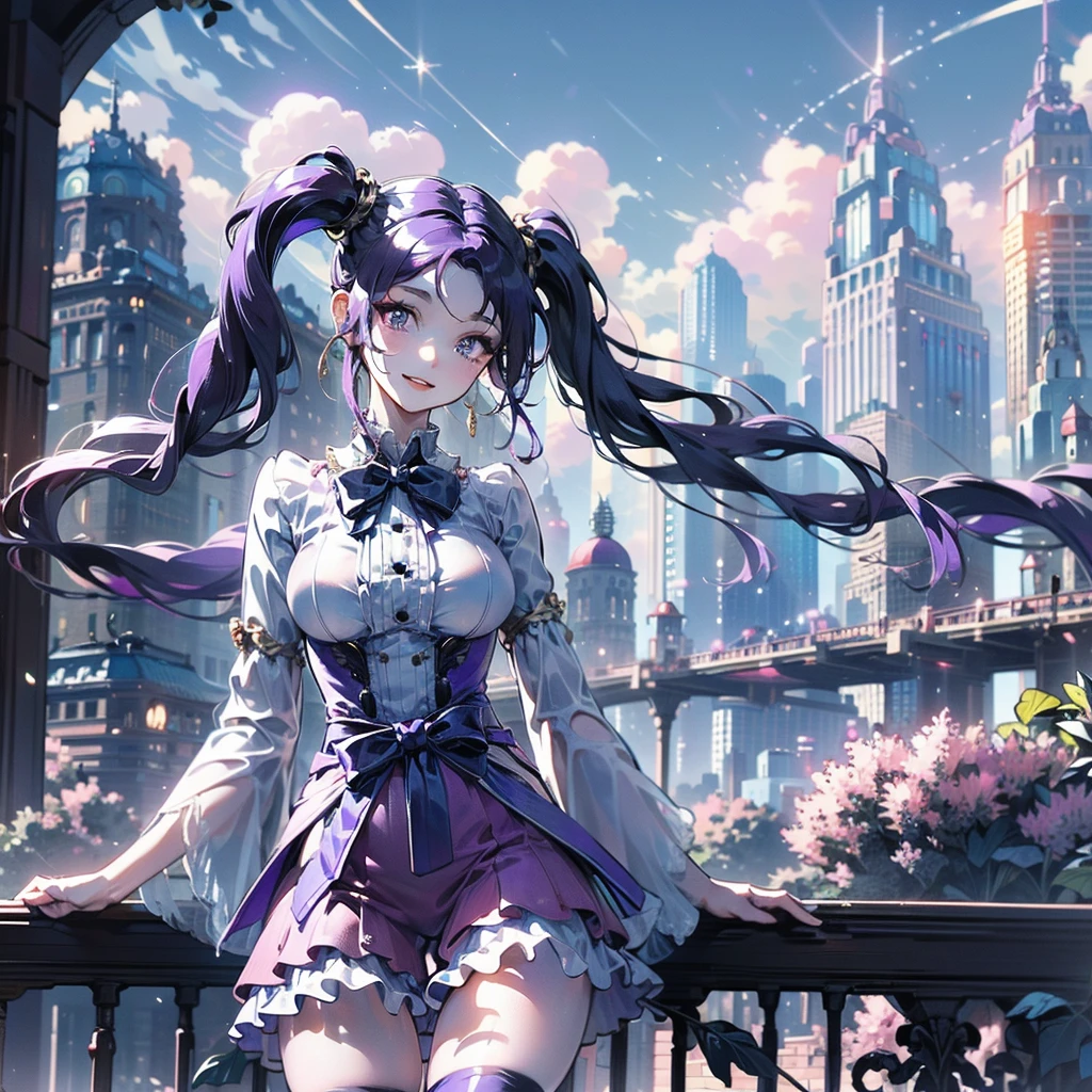 (masterpiece), (HDR), absurdres, (best quality), (ultra high quality), (hi-res), (((cowboy shot))), portrait, (1girl), (((pastel purple eyes))), 1girl, solo, alone, beautiful detailed eyes, , (((purple hair))), bangs, short side locks, (big thick twintails), (long straight hair), BREAK, (((two gold hair ties))), ((medium breast)), layered skirt, white collared shirt, ruffles, sleeve cuffs, ((black thighhighs)), (zettai ryouiki), (thin waist), ((thigh gap)), chubby thighs, (happy expression), smile with teeth, (looking at viewer), bend at waist, in the city, outside, buildings, sidewalk, daytime, sunlight on face, noon, bright sun, city scenery, crosswalk, birds