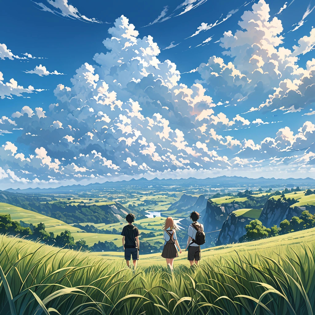 anime, anime landscape, beautiful hair, boyfridend girlfrien sweet, looking at clouds, in a grassland, creative, realist, white clouds, blue sky, landscape amazing, guy looking away from camera, wide photo